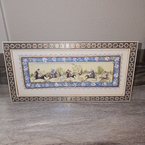 None Other - Vintage Persian Miniature Painting of Polo Scene In Khatam Frame